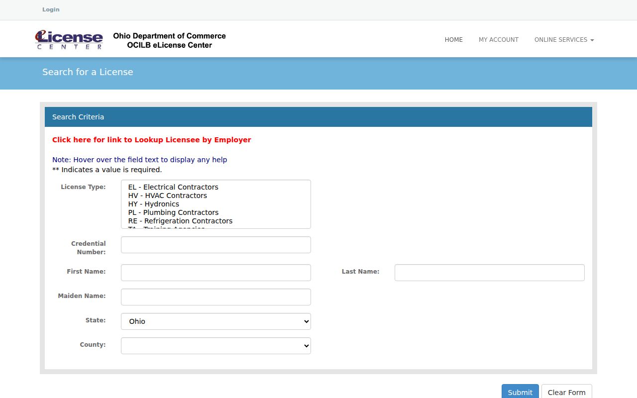 Parma resident lookup using the Ohio professional license search